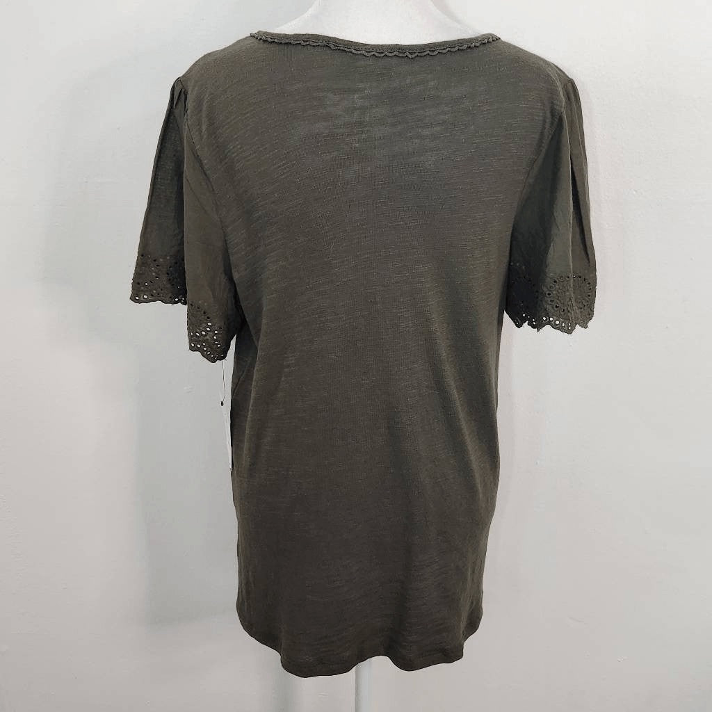 NY Collection Green Knit Top Eyelet Lace Sleeves NWT Size Small Green Blouse