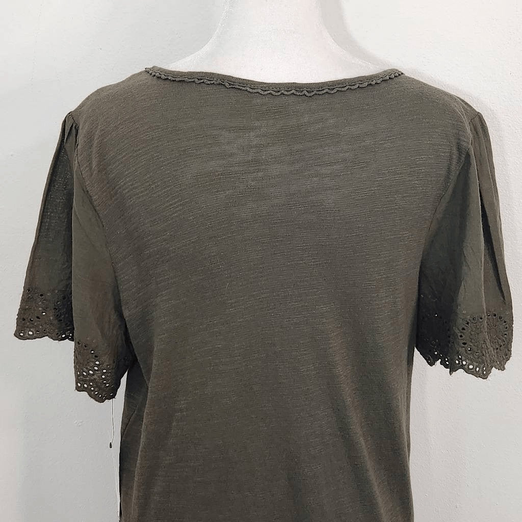 NY Collection Green Knit Top Eyelet Lace Sleeves NWT Size Small Green Blouse