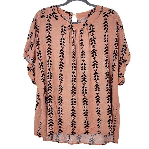 SHEIN Peach and Black Print Short Sleeve Blouse Button Back Neck Size 4XL