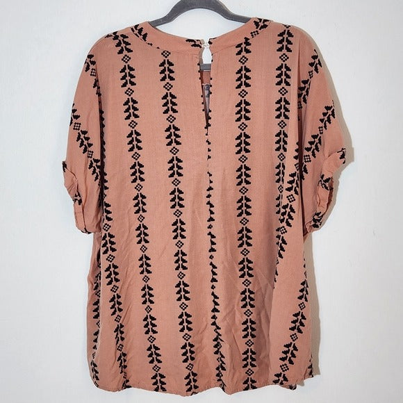 SHEIN Peach and Black Print Short Sleeve Blouse Button Back Neck Size 4XL