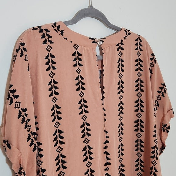 SHEIN Peach and Black Print Short Sleeve Blouse Button Back Neck Size 4XL