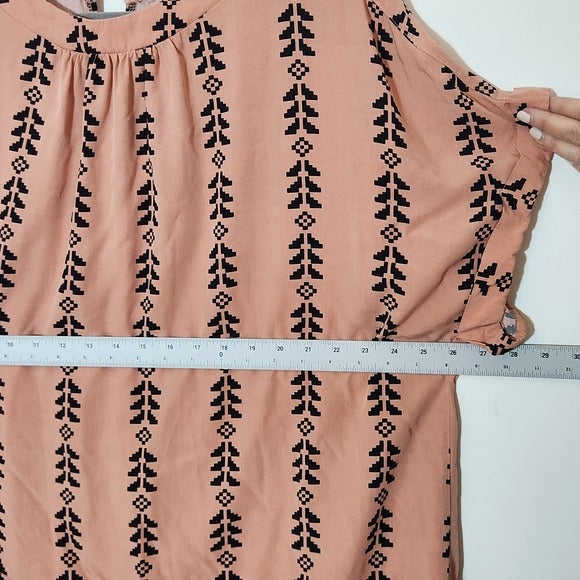 SHEIN Peach and Black Print Short Sleeve Blouse Button Back Neck Size 4XL