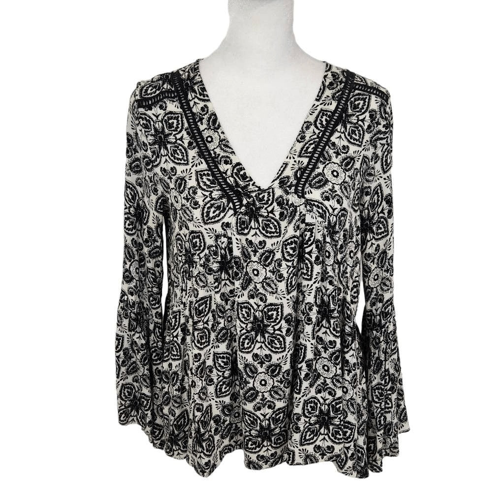 Eri Ali Black White Peasant Top Size XS Anthropologie Boho Top