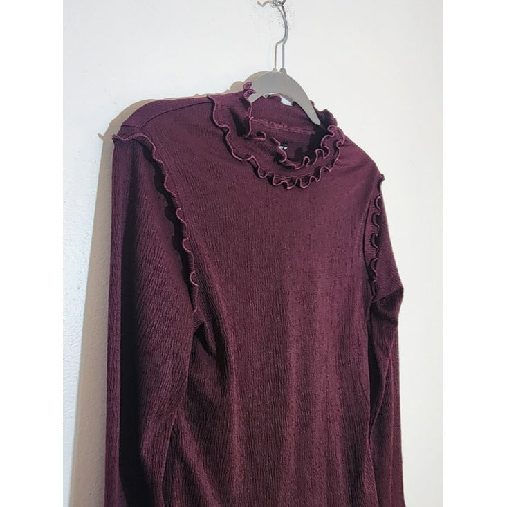 Who What Wear Burgundy Ruffle Mock Neck Long Sleeve Top