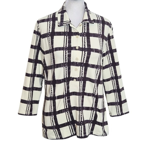 J. McLaughlin Cream Plaid Blouse Size Medium Women's Plaid Top
