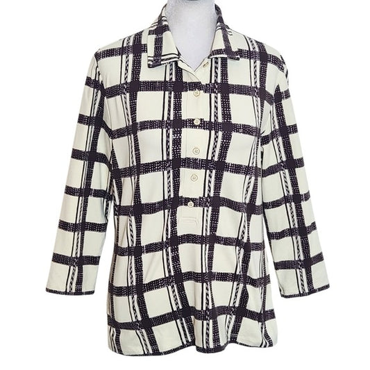 J. McLaughlin Cream Plaid Blouse Size Medium Women's Plaid Top