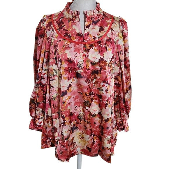 Umgee Pink Floral Satin Blouse with 3/4 Sleeves Size Small NWT