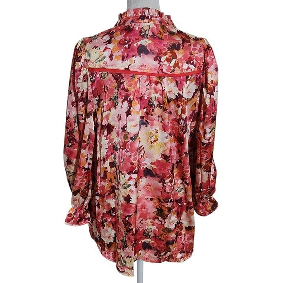 Umgee Pink Floral Satin Blouse with 3/4 Sleeves Size Small NWT