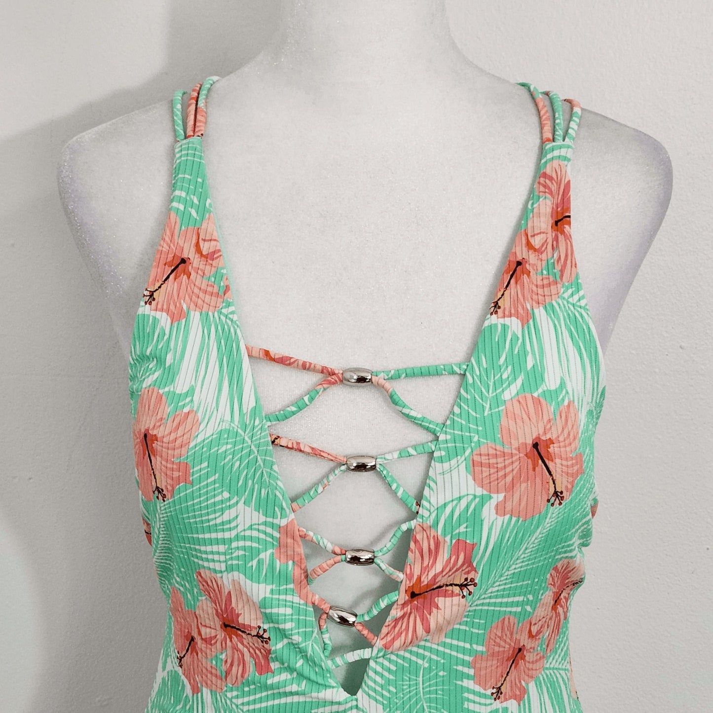 YMI Tropical Print One-Piece Swimsuit NWT Size Medium Green and Pink Swimsuit