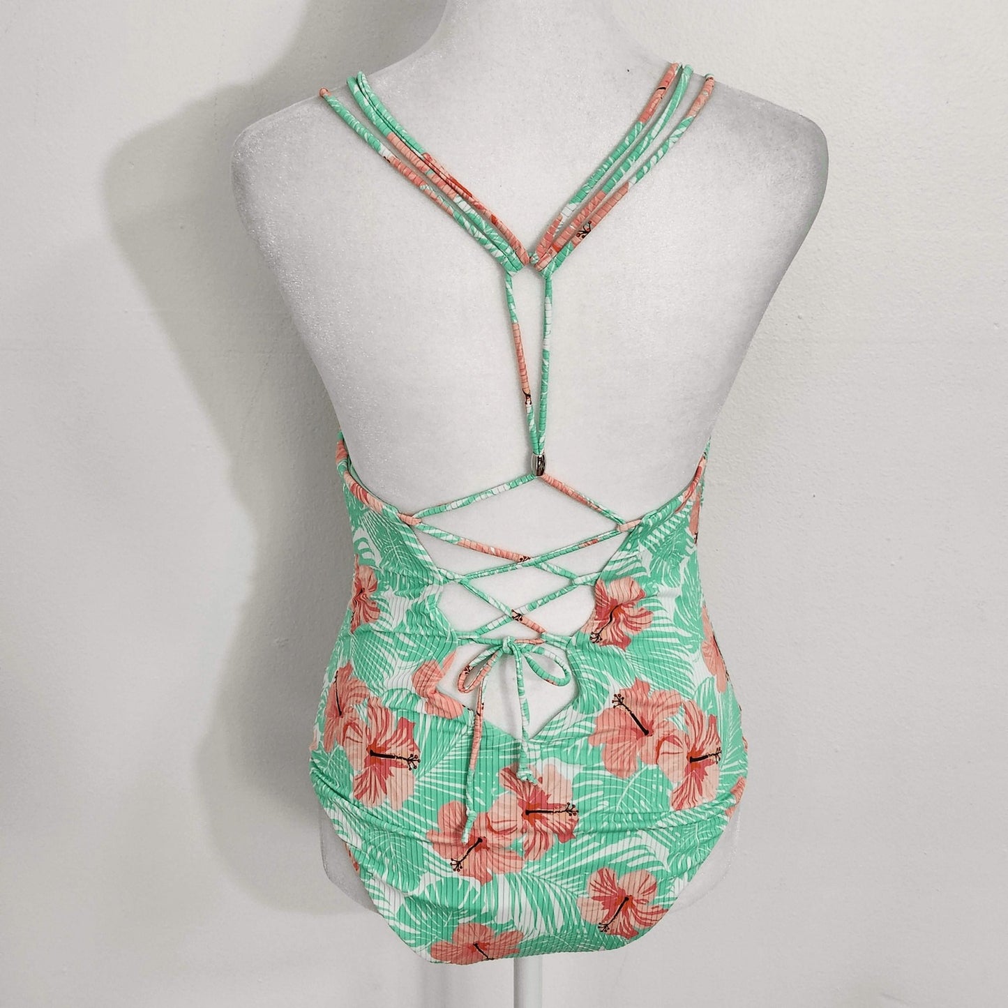 YMI Tropical Print One-Piece Swimsuit NWT Size Medium Green and Pink Swimsuit