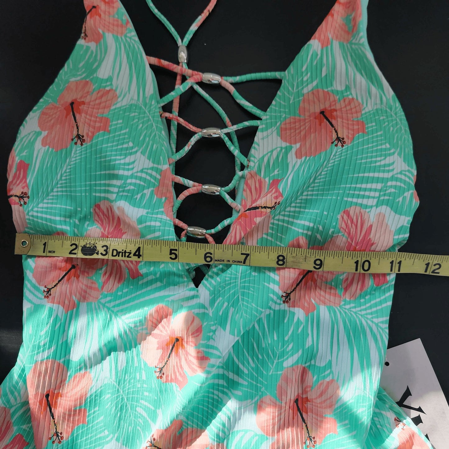 YMI Tropical Print One-Piece Swimsuit NWT Size Medium Green and Pink Swimsuit