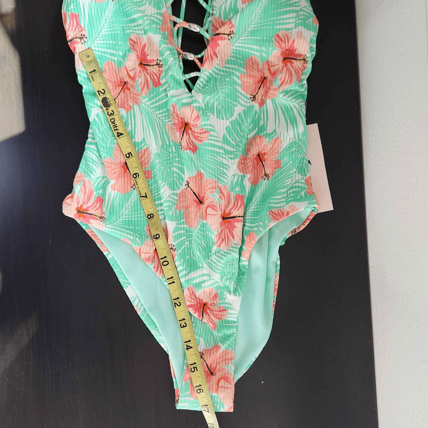 YMI Tropical Print One-Piece Swimsuit NWT Size Medium Green and Pink Swimsuit