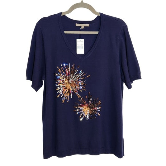My Danielle Navy Sequin Firework Knit Top Size Large NWT