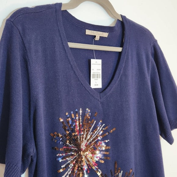 My Danielle Navy Sequin Firework Knit Top Size Large NWT
