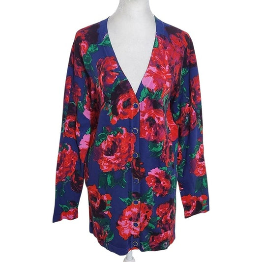 Isaac Mizrahi Navy Floral Print Button-Up Cardigan Sweater Size Large