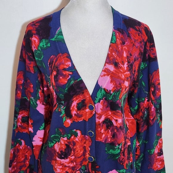 Isaac Mizrahi Navy Floral Print Button-Up Cardigan Sweater Size Large