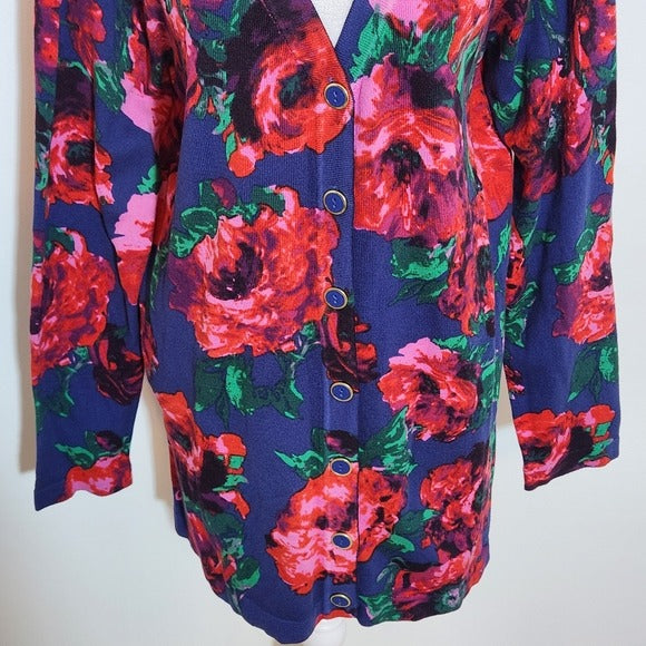 Isaac Mizrahi Navy Floral Print Button-Up Cardigan Sweater Size Large