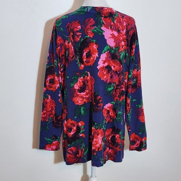 Isaac Mizrahi Navy Floral Print Button-Up Cardigan Sweater Size Large