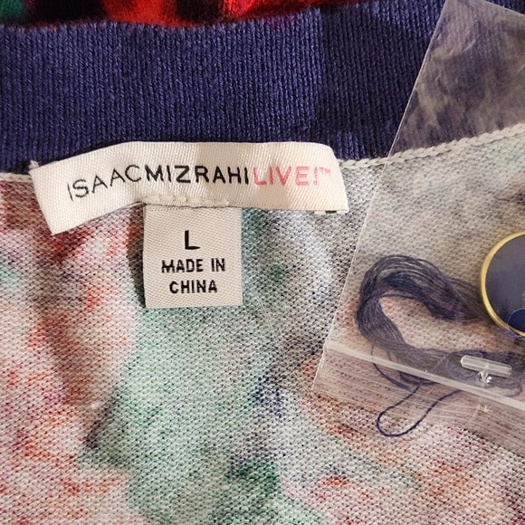Isaac Mizrahi Navy Floral Print Button-Up Cardigan Sweater Size Large
