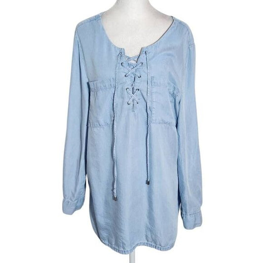 Style & Co. Blue Chambray Lace-Up Tunic Size Large
