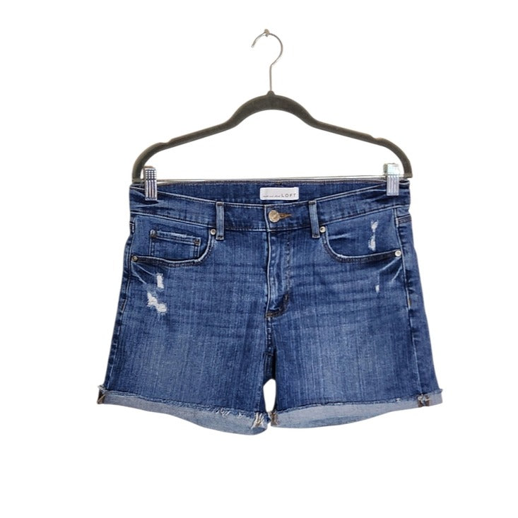 Loft Medium Wash Distressed Cuffed Denim Shorts Size 28