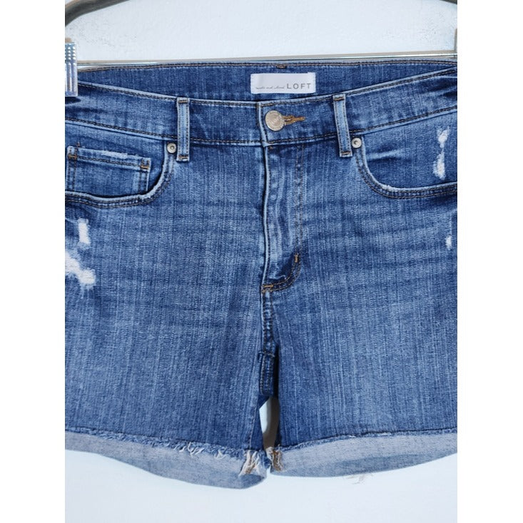 Loft Medium Wash Distressed Cuffed Denim Shorts Size 28