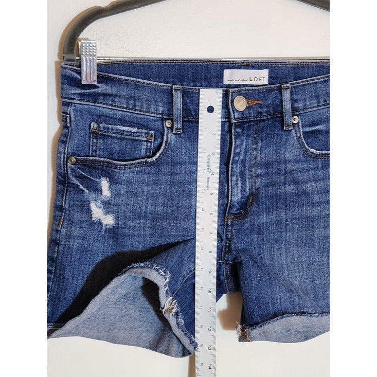 Loft Medium Wash Distressed Cuffed Denim Shorts Size 28