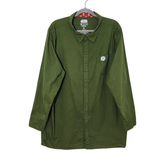 Star Wars Green Button-Up Shirt with Boba Fett Symbol Patch Size XL