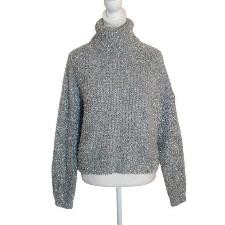 Emma + Asher Gray Metallic Silver Sparkly Cropped Turtleneck Sweater Size Medium
