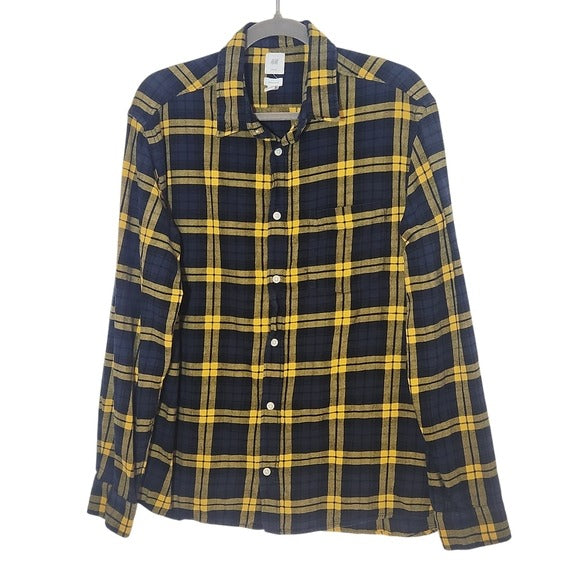 H&M Mens Yellow and Navy Plaid Flannel Long Sleeve Shirt Size Large
