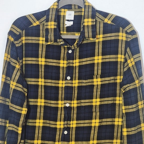 H&M Mens Yellow and Navy Plaid Flannel Long Sleeve Shirt Size Large