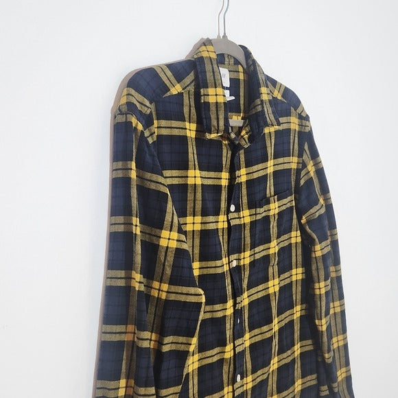 H&M Mens Yellow and Navy Plaid Flannel Long Sleeve Shirt Size Large
