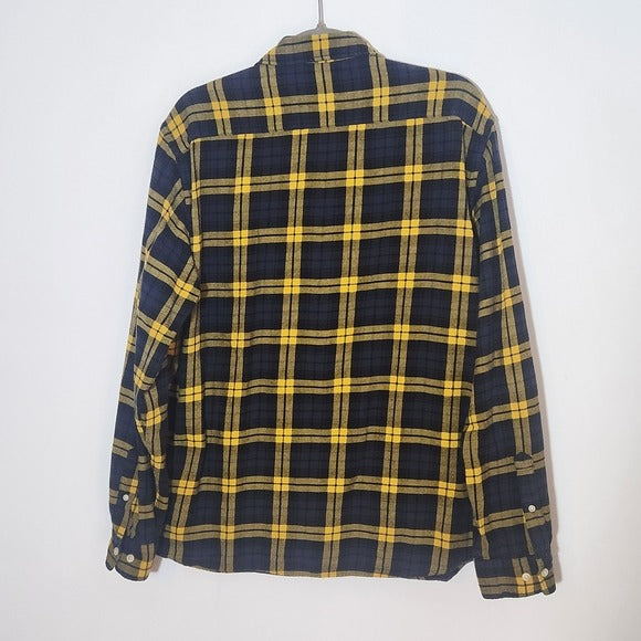 H&M Mens Yellow and Navy Plaid Flannel Long Sleeve Shirt Size Large