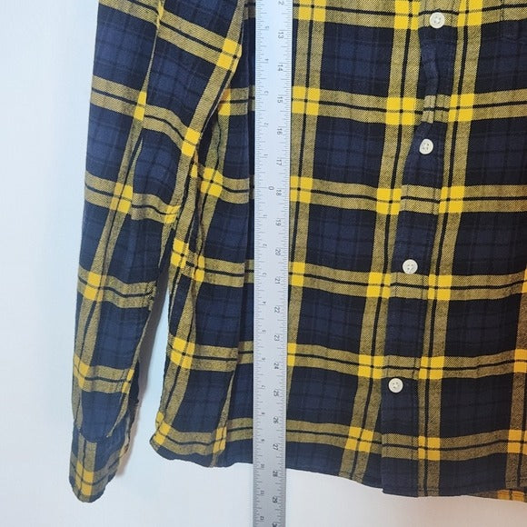 H&M Mens Yellow and Navy Plaid Flannel Long Sleeve Shirt Size Large