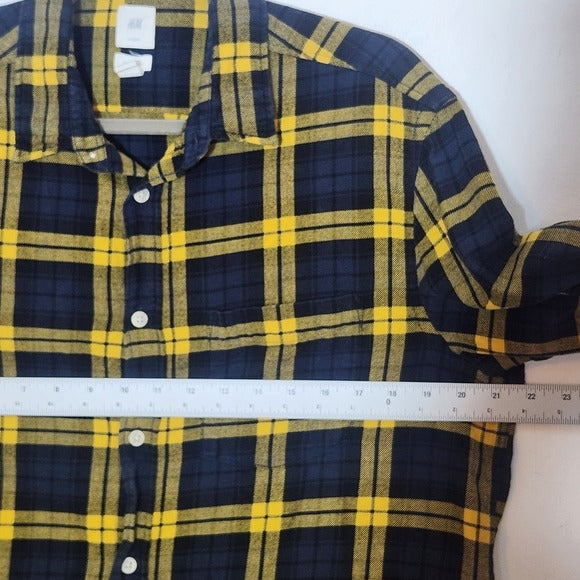 H&M Mens Yellow and Navy Plaid Flannel Long Sleeve Shirt Size Large