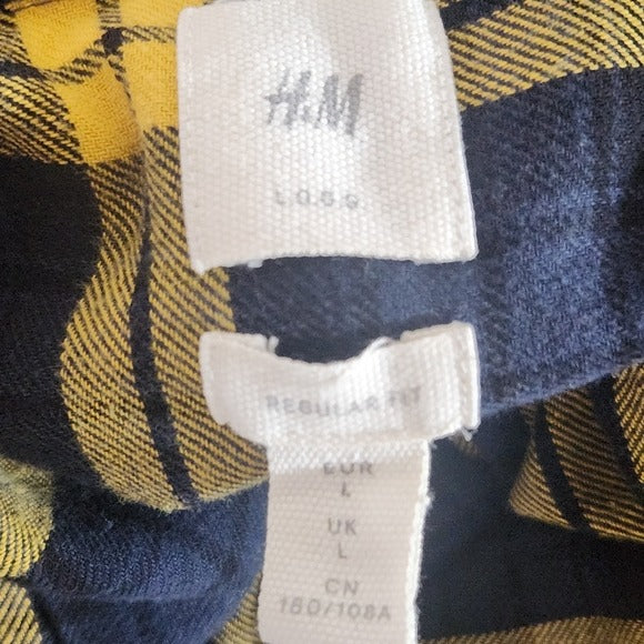 H&M Mens Yellow and Navy Plaid Flannel Long Sleeve Shirt Size Large