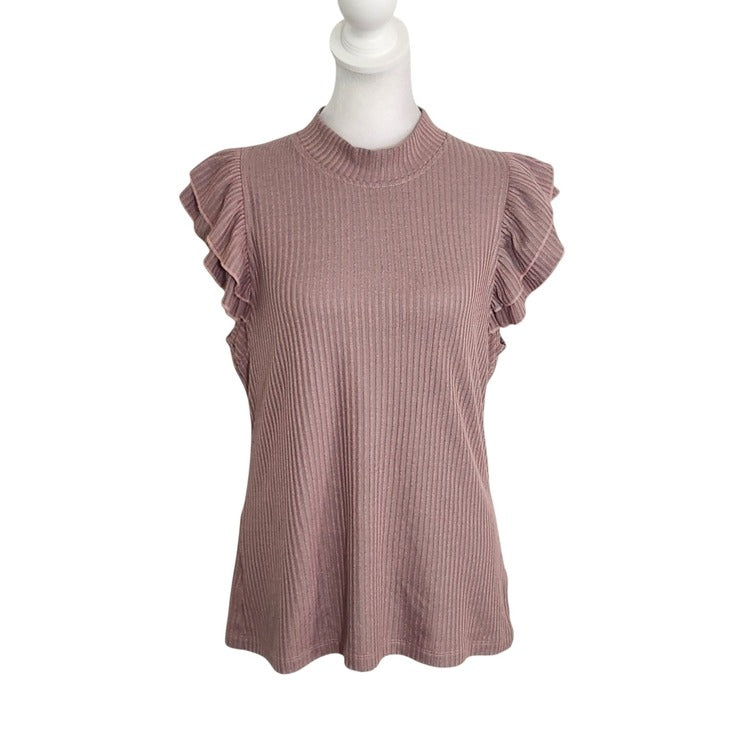 Jessica Simpson Pink and Gray Ribbed Ruffle Cap Sleeve Top Size Large
