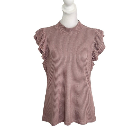 Jessica Simpson Pink and Gray Ribbed Ruffle Cap Sleeve Top Size Large