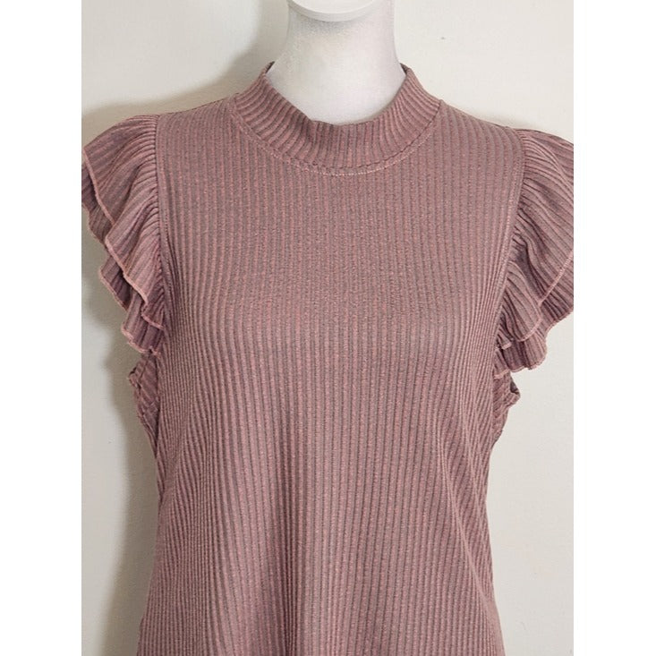 Jessica Simpson Pink and Gray Ribbed Ruffle Cap Sleeve Top Size Large