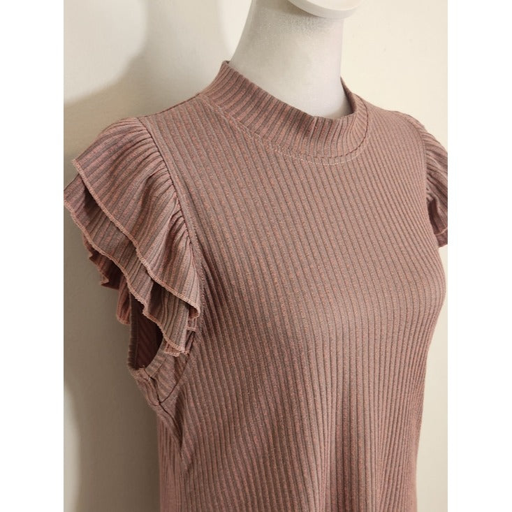Jessica Simpson Pink and Gray Ribbed Ruffle Cap Sleeve Top Size Large