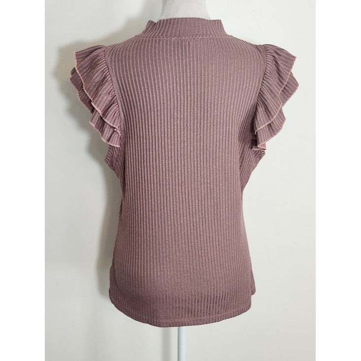 Jessica Simpson Pink and Gray Ribbed Ruffle Cap Sleeve Top Size Large