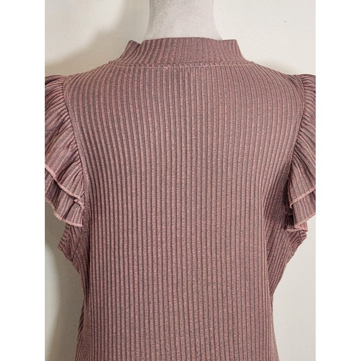 Jessica Simpson Pink and Gray Ribbed Ruffle Cap Sleeve Top Size Large