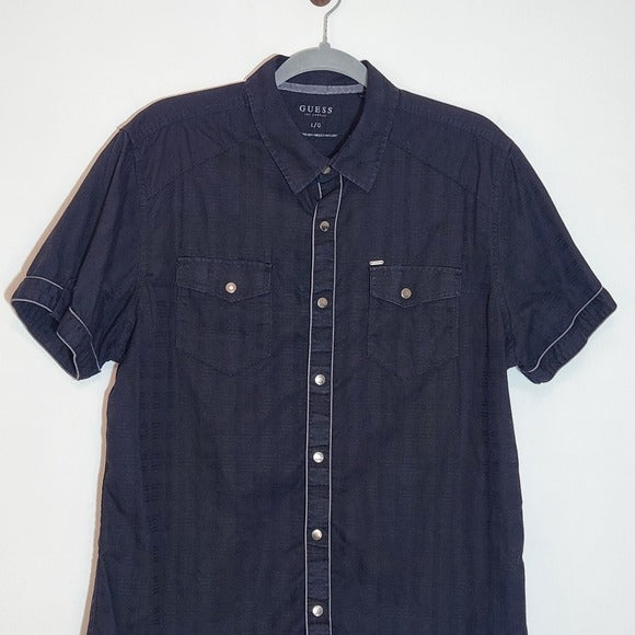 GUESS Men's Black Short Sleeve Shirt Size Large Snap-Front Black Shirt