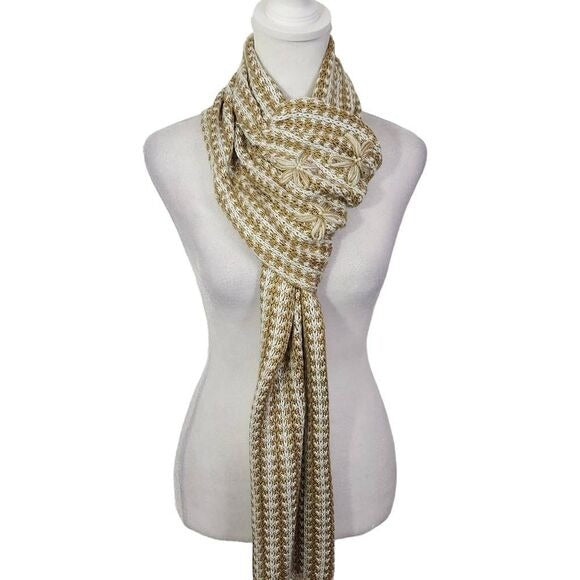 Coldwater Creek Brown and Cream Embellished Knit Scarf with Flower Accent