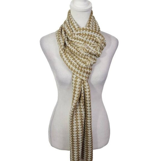 Coldwater Creek Brown and Cream Embellished Knit Scarf with Flower Accent