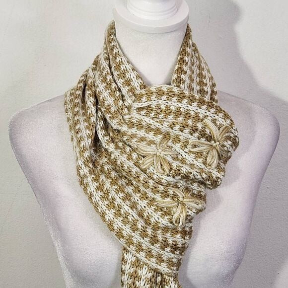 Coldwater Creek Brown and Cream Embellished Knit Scarf with Flower Accent