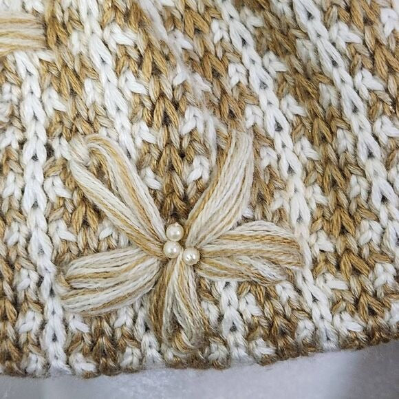 Coldwater Creek Brown and Cream Embellished Knit Scarf with Flower Accent