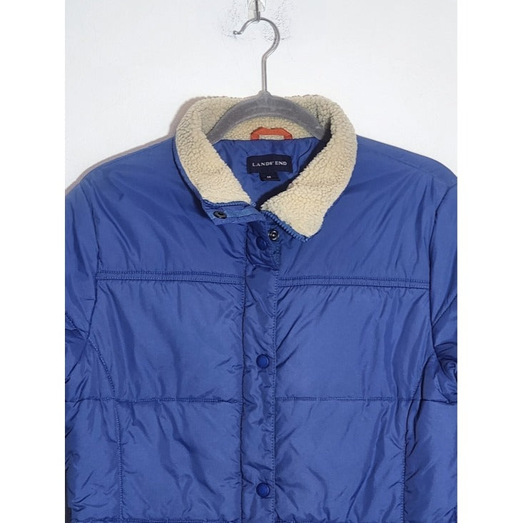 Lands’ End Womens Blue Puffer Jacket with Sherpa Collar Size Medium 10-12