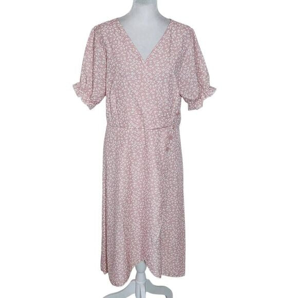 Pink and White Floral Wrap-Look Dress Size Medium Pink Wedding Guest Dress