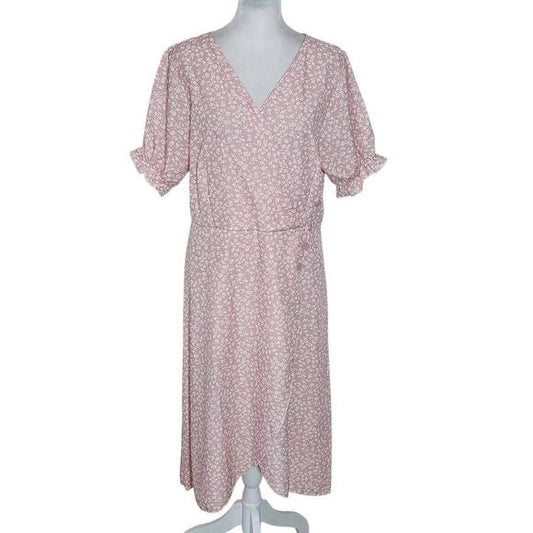 Pink and White Floral Wrap-Look Dress Size Medium Pink Wedding Guest Dress